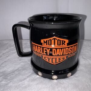 Harley Davidson Mug 3D Raised Logo Silver Studs Rivets Big Heavy 4” Orange Black